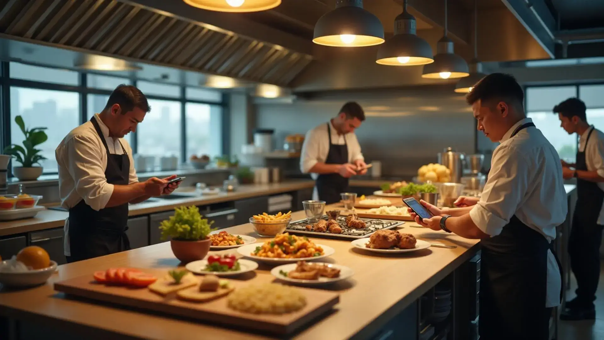 Moderne Restaurantküche mit Online-Bestelltechnologie